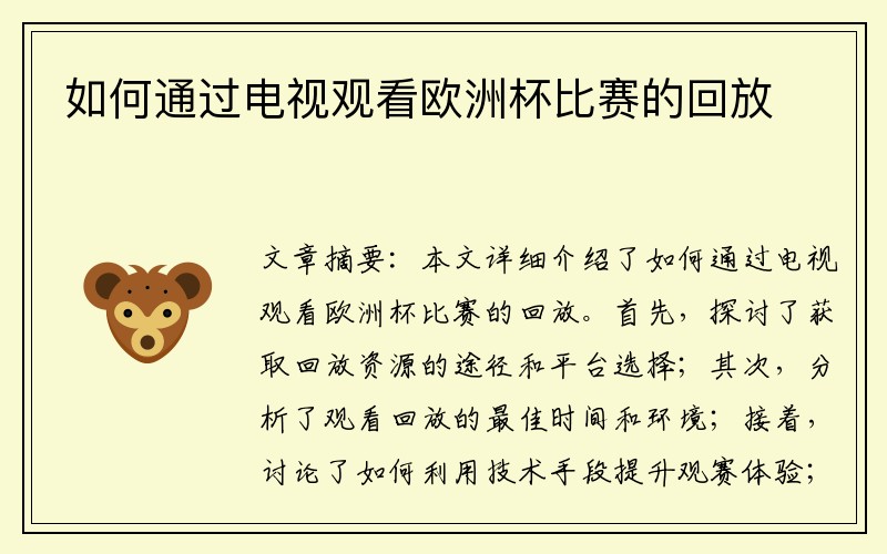如何通过电视观看欧洲杯比赛的回放